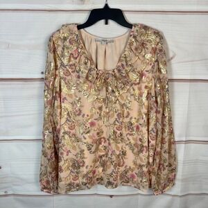 LOFT Top Women Large Orange Gold Floral Blouse Ruffles Tie Neck Chiffon Pullover